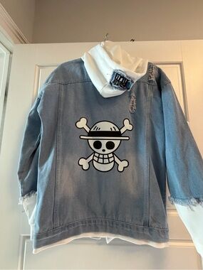 Anime Jean Jacket with Straw Hat Jolly Roger on back